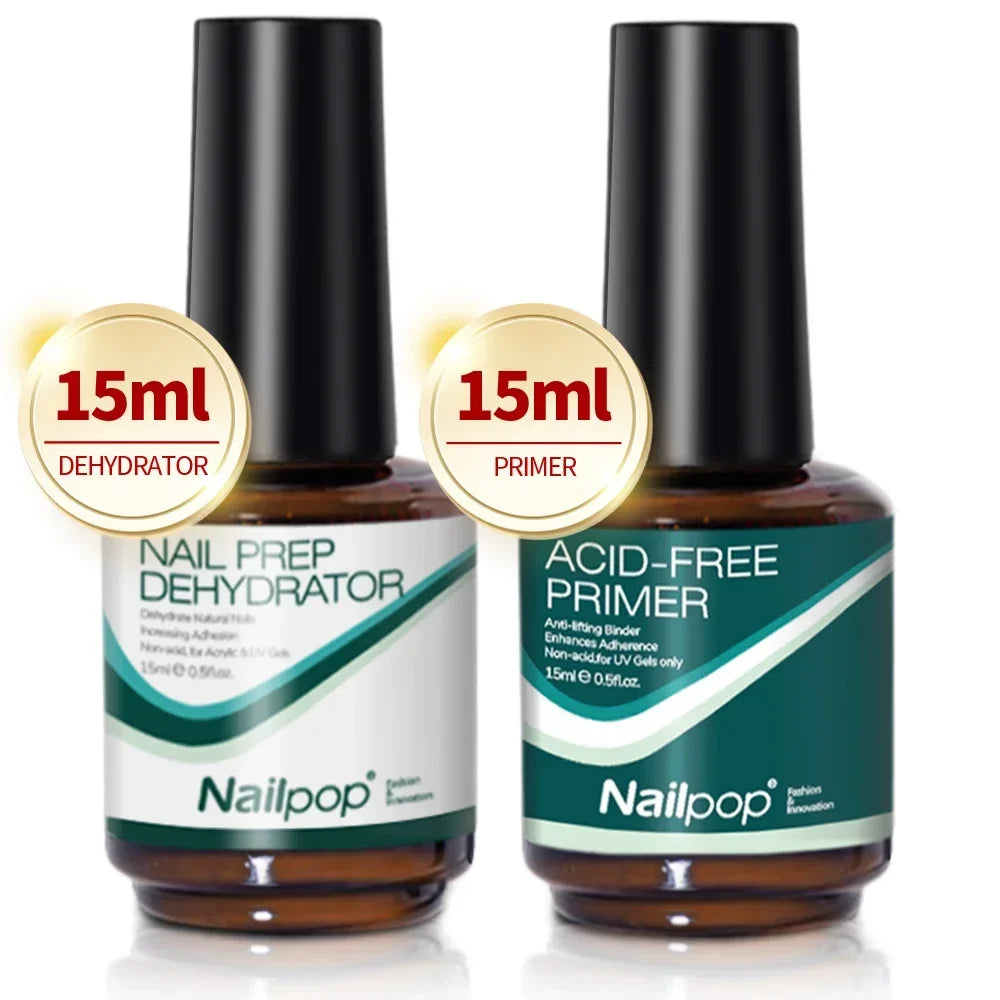 Nailpop Nail Dehydrator and Primer Acid Free Natural Nail Prep for Acrylic and UV Gel Nail Polish Fast Dry Superior Bonding Set